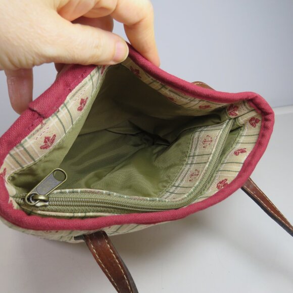 Longaberger Plaid Leaf Acorn Small Tote Handbag Faux Leather Straps Burgundy - Picture 7 of 8